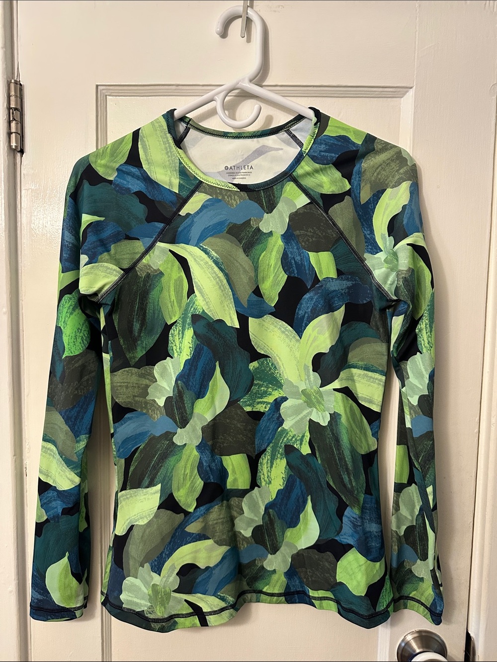 Athleta Green Blue Floral Long-Sleeve Swim Rash Guard / UPF Shirt